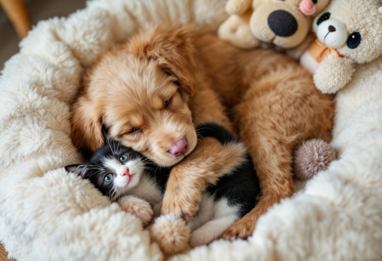 A cat and a dog lie cuddled in a bed.