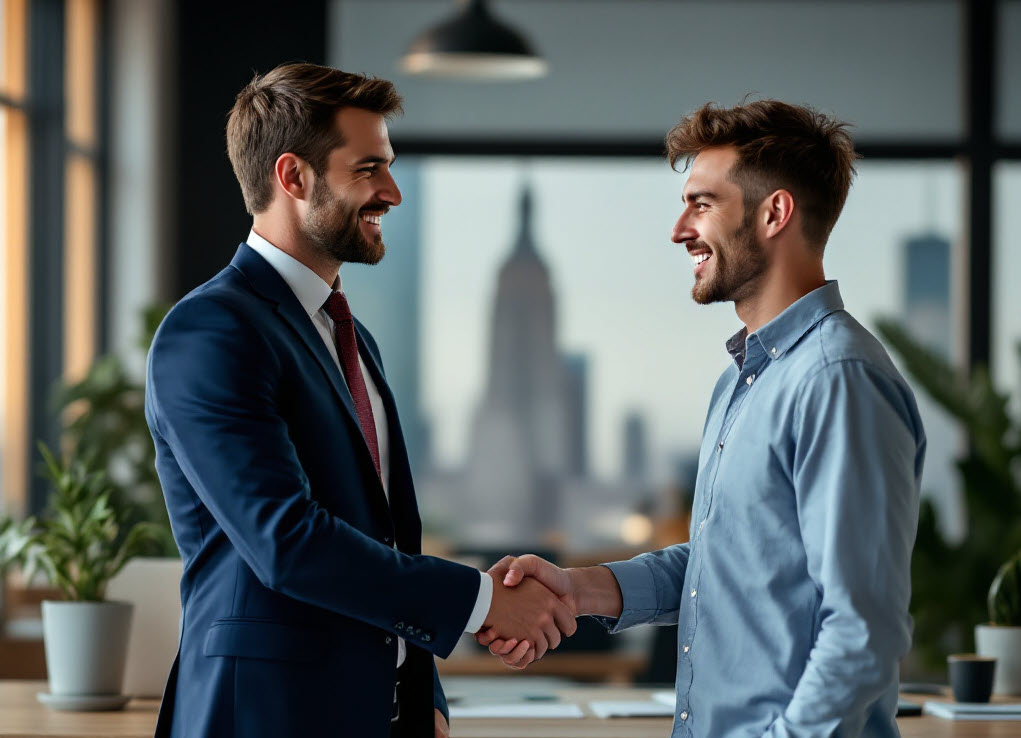 Two men shake hands in an office.