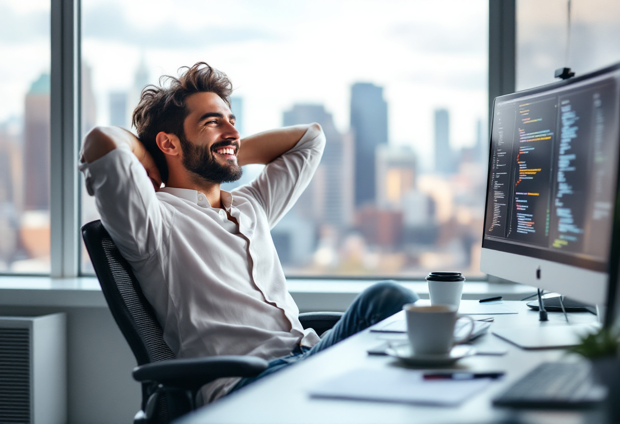 A coder sits smiling by his computer in his office.