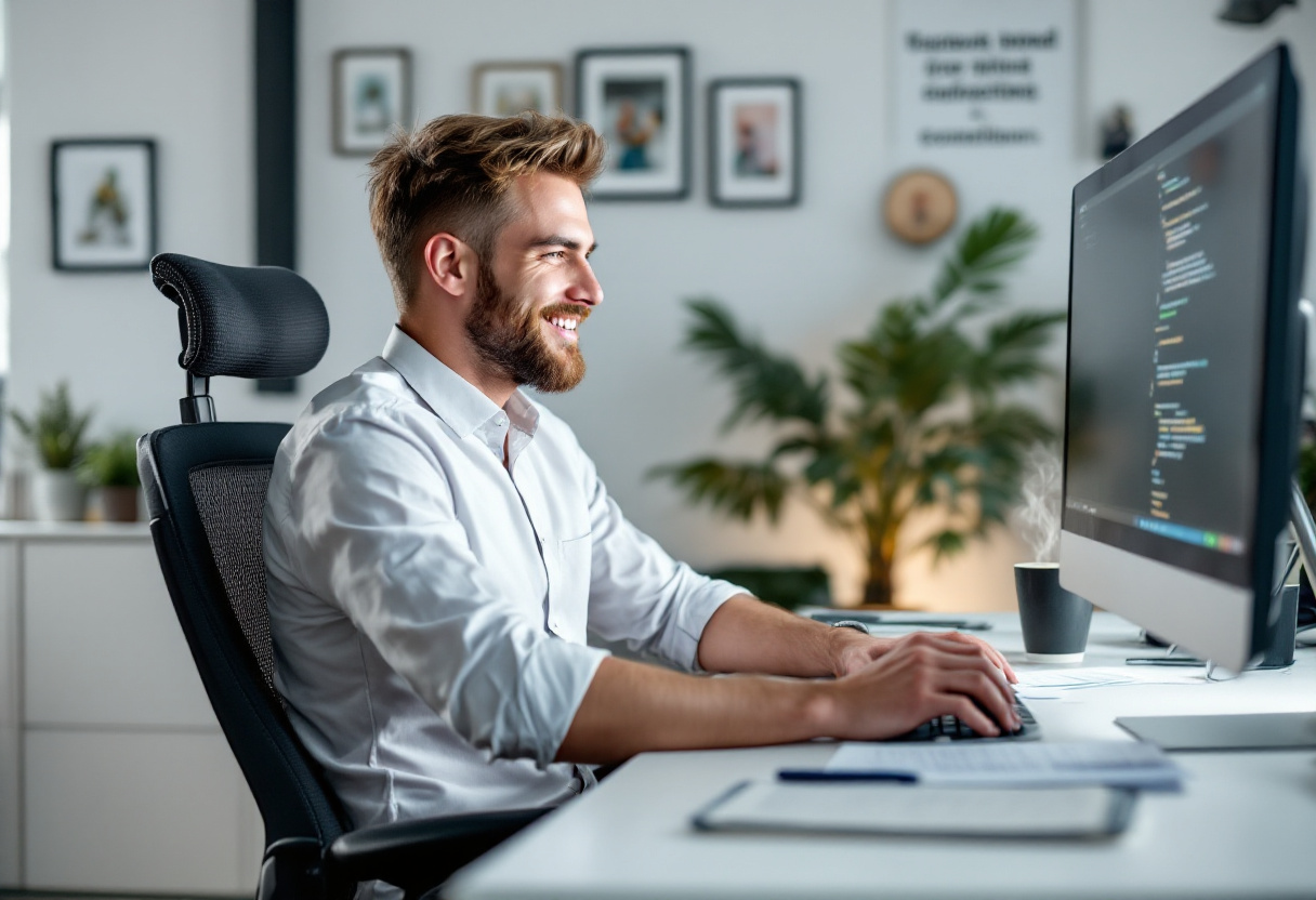 A coder sits by his computer in his office. Cybersecurity Career Path Guide for Beginners and Students.