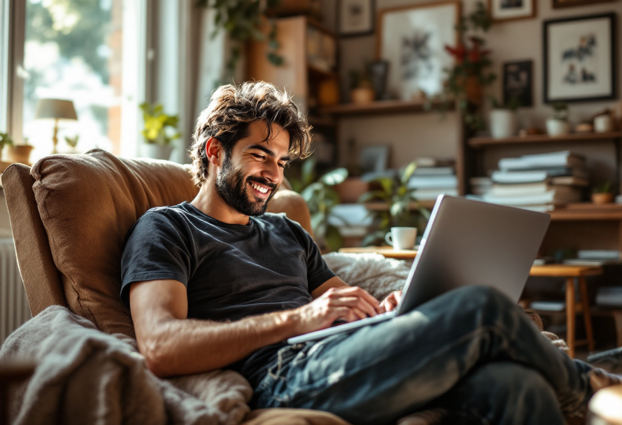 A man sits typing on his laptop in his living room. The image illustrates Cybersecurity Freelancing Job Opportunities