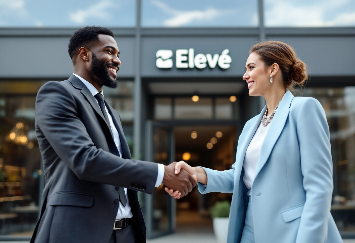 A man and woman shake hands in front of a local business, illustrating Cybersecurity business services.