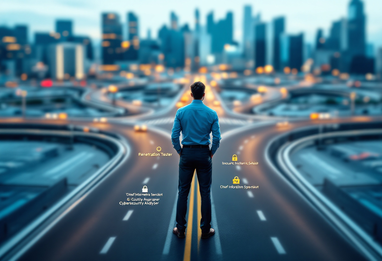 A man stands at the start of a road into a city, symbolizing computer cybersecurity career path guidance.