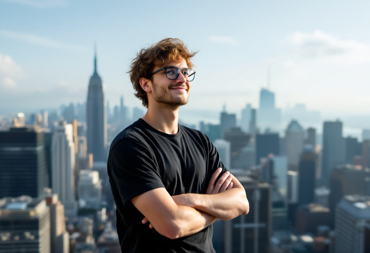 A coder stands before a city, illustrating the concept of Cybersecurity Career Success Guidance.