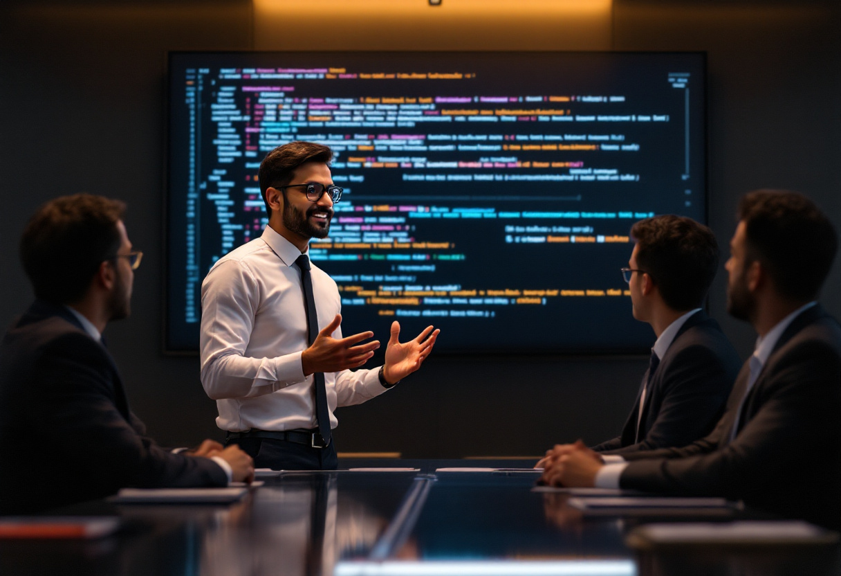 A cybersecurity business agency owner speaks before a screen to a group of executives.