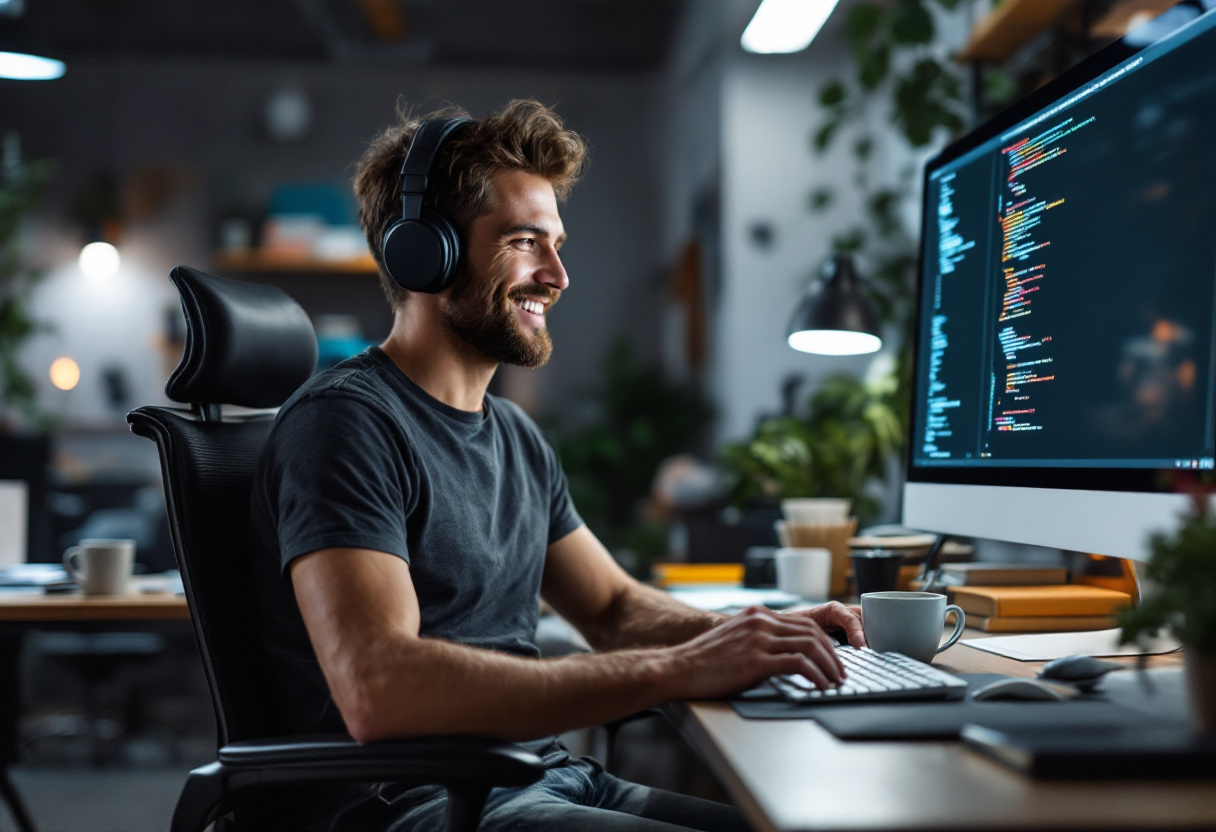 A cybersecurity professional works by a computer. Illustrative for cybersecurity skills, career guidance, and beginner guide.