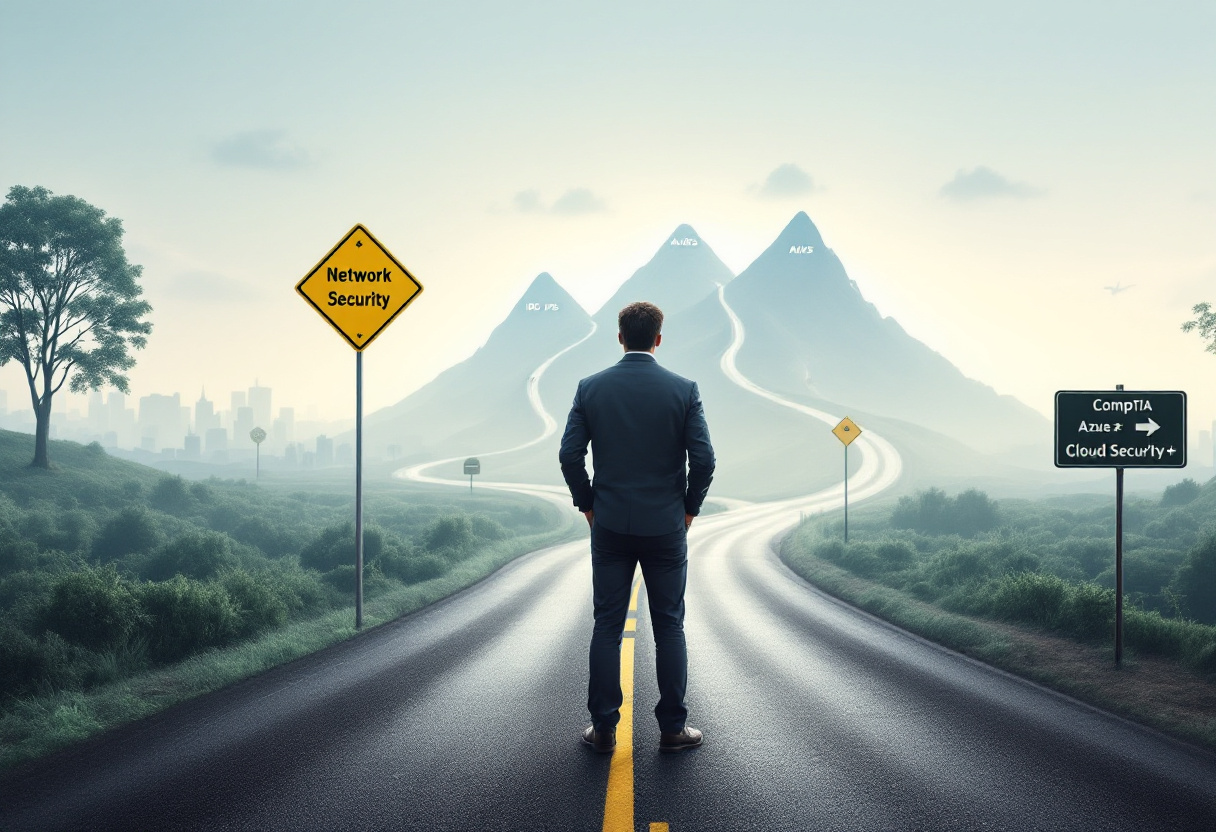 A man stands before multiple paths illustrating the Cybersecurity career path guide for company jobs or freelancing options.