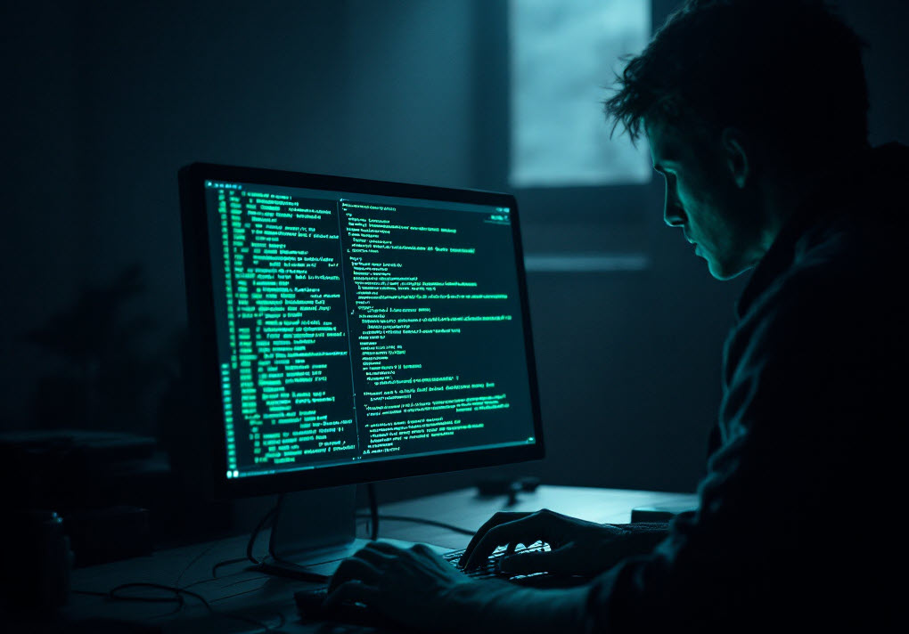 A man codes by a computer at night, illustrating stress management for cybersecurity professionals and career advice.