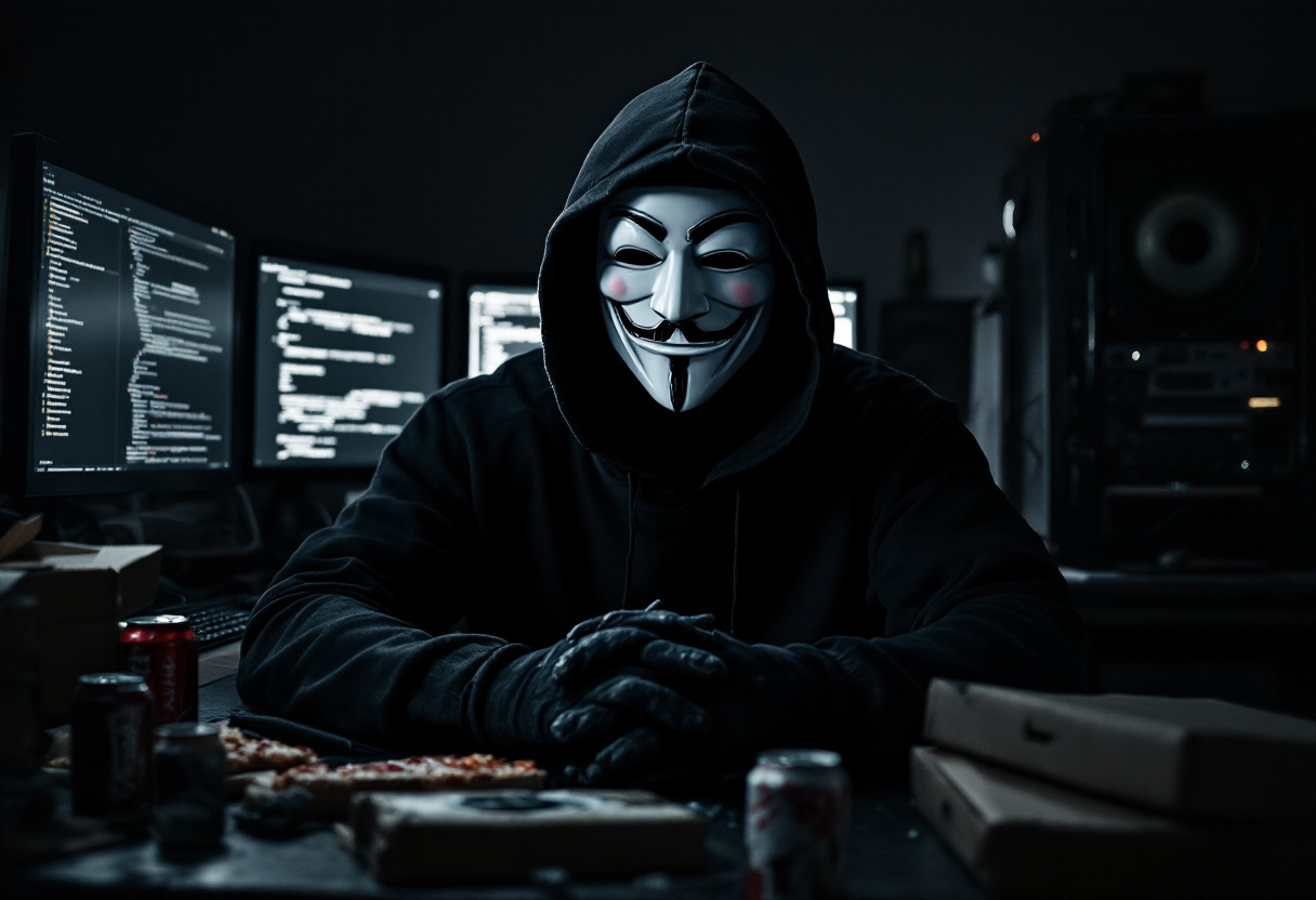 An anonymous cybercriminal sits in his office symbolizing the future of cybercrime, cybersecurity threats forecast and trends