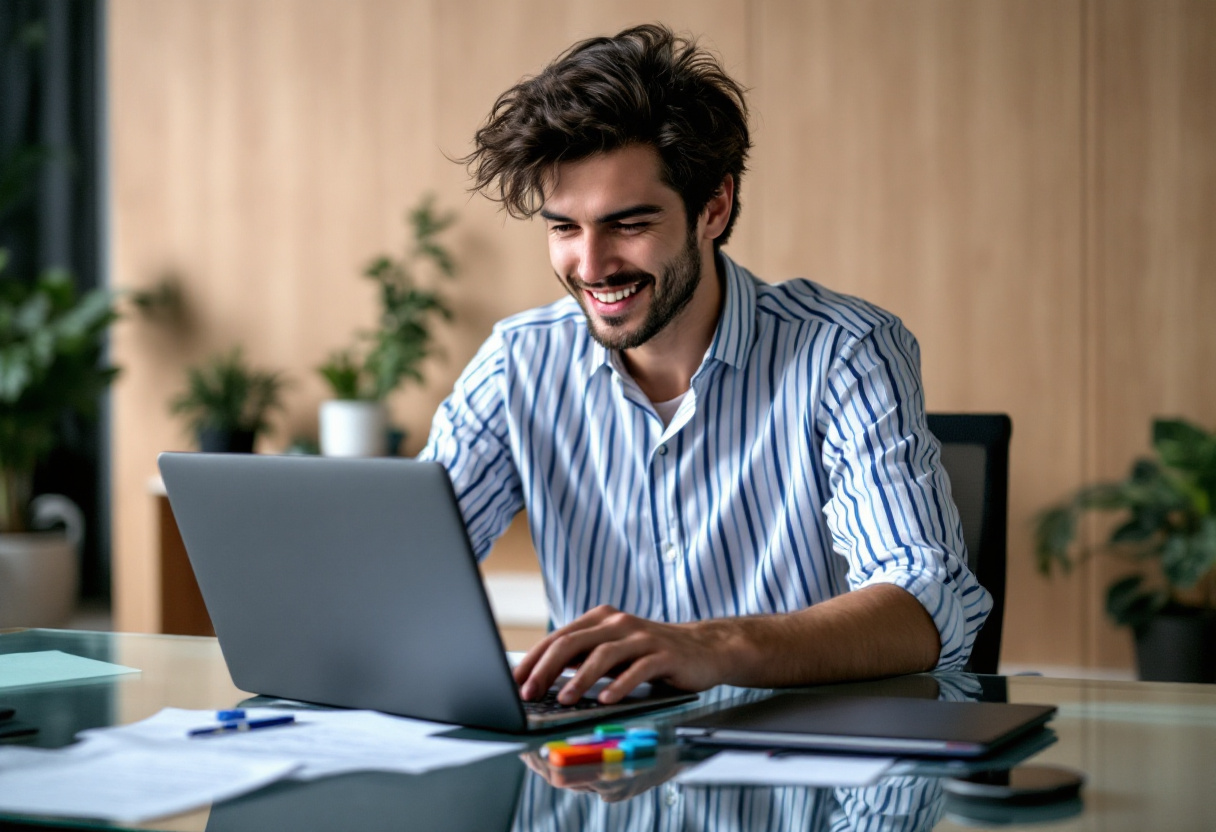 A man smiles typing on his laptop. Illustratingn Cybersecurity Engineering skills, jobs, and careers.