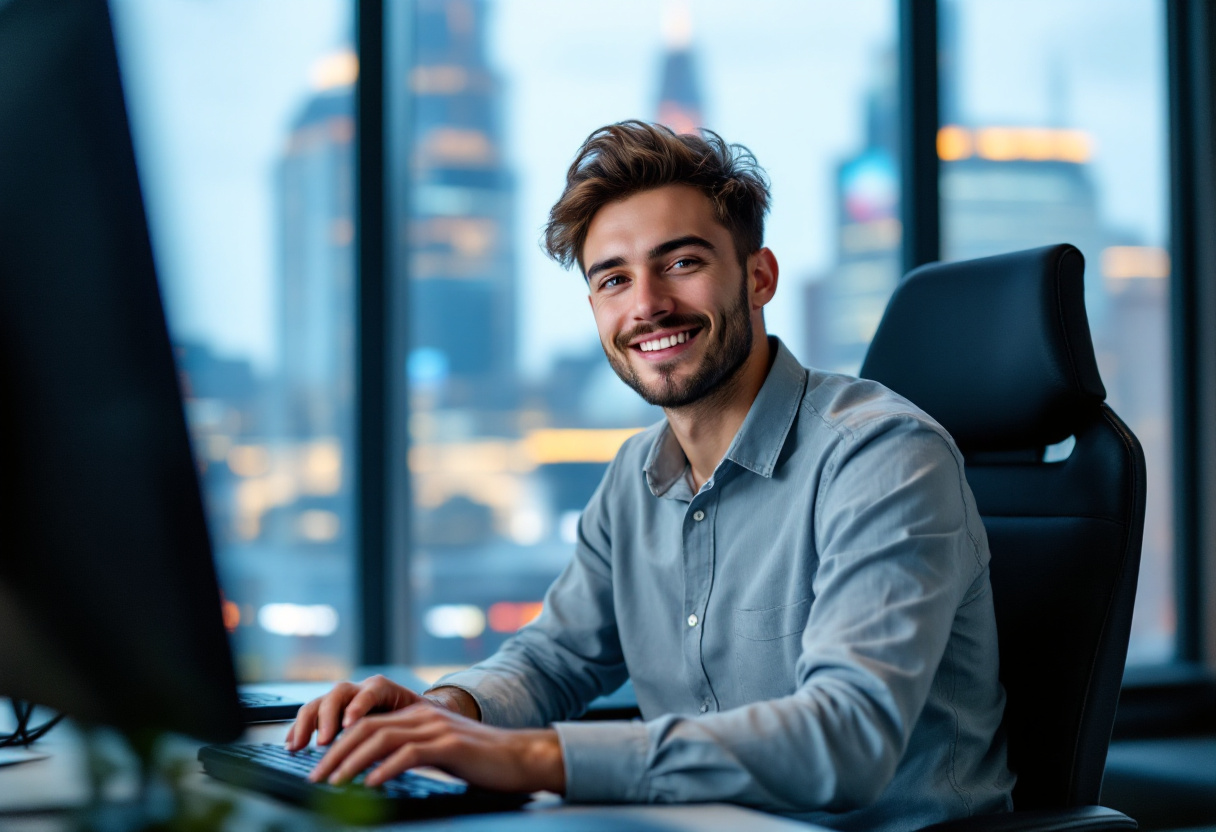 Cybersecurity engineer codes by his computer. Illustrative image for Cybersecurity engineering job path and career guide.