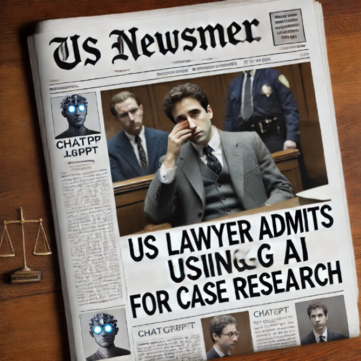An image generated by AI of a newspaper, with a picture of a man wearing a suit in a court room. The heading underneath says: US lawyer admits using AI for case research.