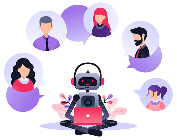 A cartoon of a robot sat with a laptop on its knees. Around it are five circles with cartoons of different people – three women and two men, and three speech bubbles.