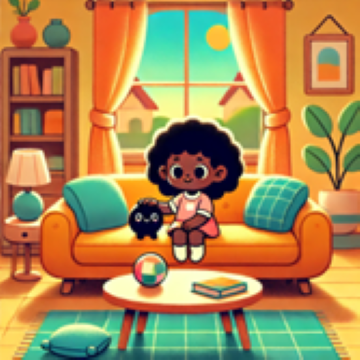 A colourful cartoon created by Generative AI, of a living room with a sofa in front of a window. There is a table in front of the sofa. On the sofa sits a girl who is petting a black circle with eyes. The circle represents the missing word in the activity below.