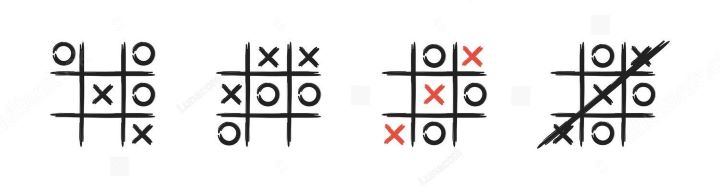 A horizontal row of four games of noughts and crosses. The two games on the left are incomplete. the twpo games on the right are coplete and in bot hcases, have a complete row of crosses running diagaonally from bottom left to top right.