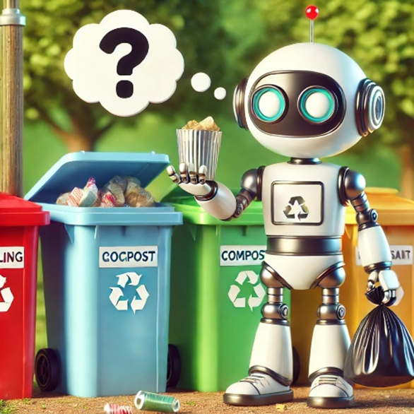A cartoon of a robot holding a black bin bag in one hand, and a tin an in the other. Behind the robit are four biuns, each with a recycling symbol on it. One bin is red, one blue, one green, one yellow.