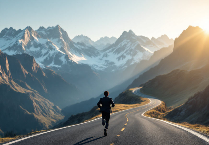 A man runs along a path through the mountains, symbolizing a cybersecurity analyst's job path and career path.
