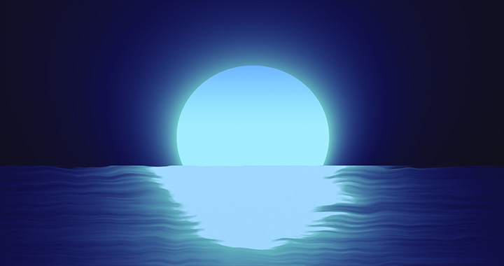 The moon comes up over the horizon on the sea. The reflection of the moon in the sea is distorted.