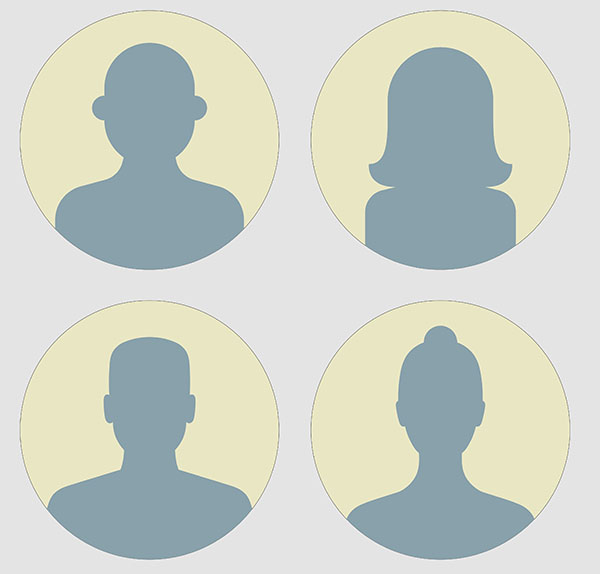 Outlines of four distinctly different people, each one in a circle, in two rows (two outlines per row).