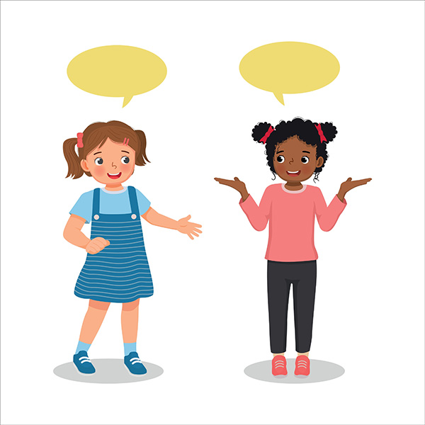 Two cartoon girls talking to each other, with speech bubbles over their heads.
