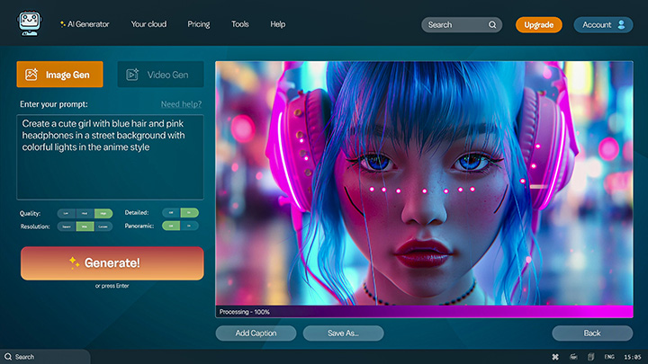 A image generation website. On the left is a box which says ‘Enter your prompt’. The prompt says: Create a cute girl with blue hair and pink headphones in a street background in an anime style. On the right is the picture of the girl.
