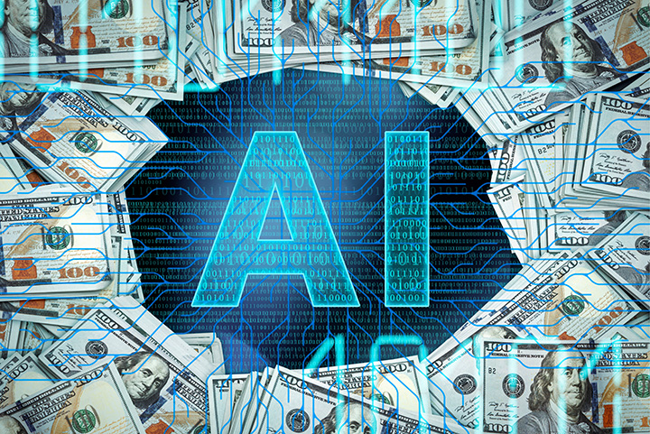 The word ‘AI’ surrounded by banknotes.