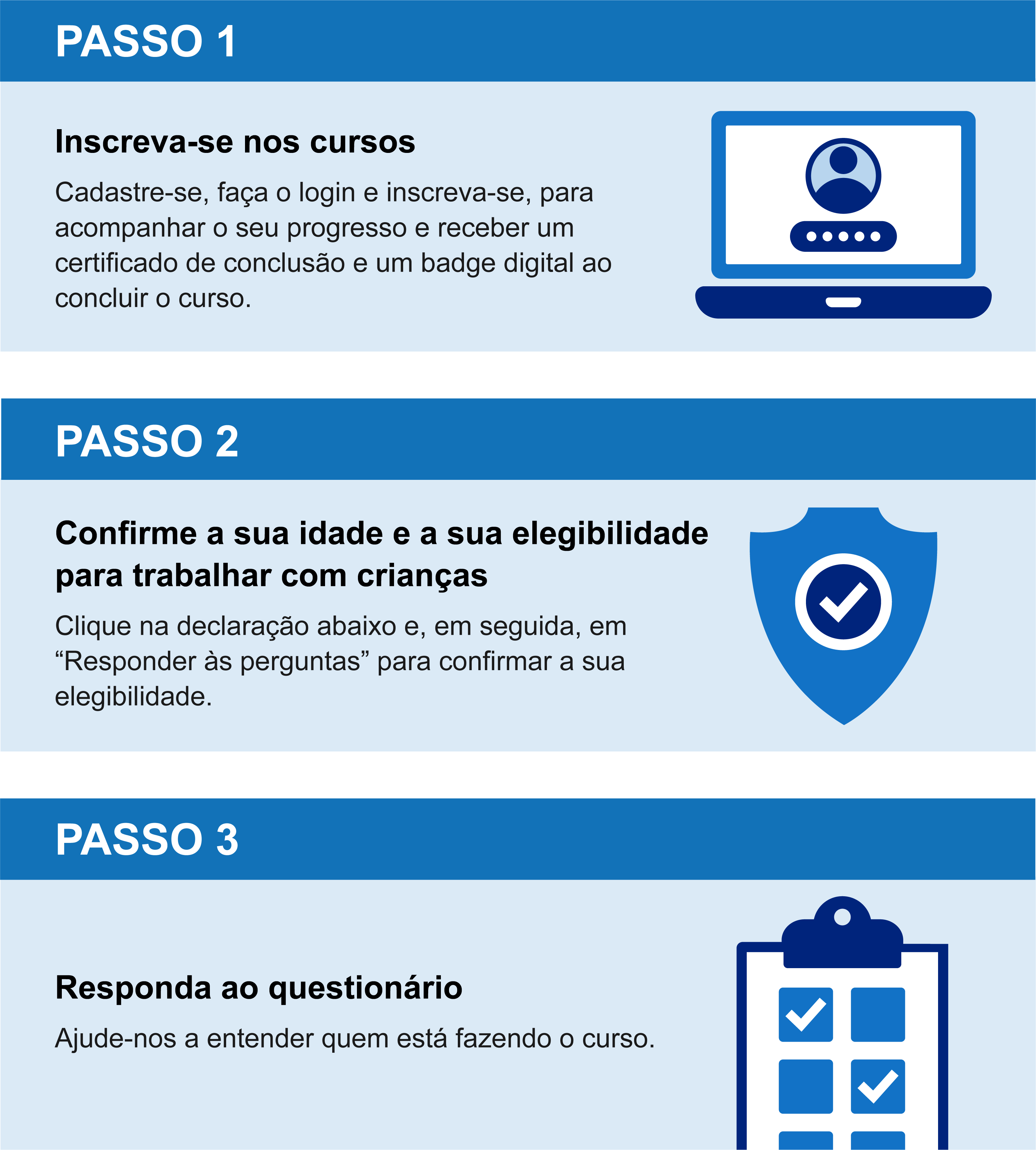 Step 1. Enrol for the courses. Step 2. Confirm age and eligibility to work with children. Step 3. Complete the survey.