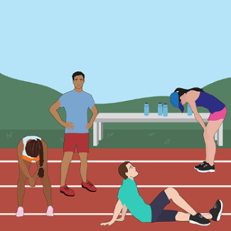 Quatro atletas são retratados como cansados e exaustos após uma corrida. Alguns estão curvados. Outros deitados na pista de corrida. Ao fundo, há uma mesa com garrafas de água.