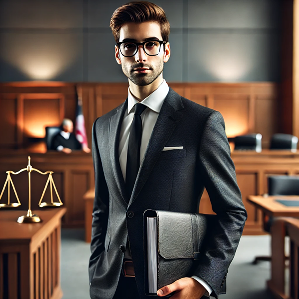 A picture of a young, white male dressed smartly in a suit holding a briefcase. He is standing in a n old fashioned, wood panelled court room.