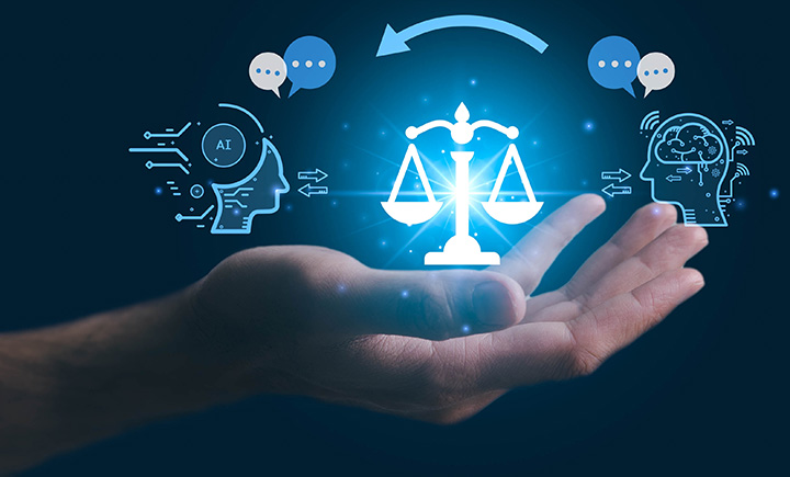 In the centre,of the picture is a hand, and on the palm is an illuminated scales of justice. On the left side, there is an icon representing AI, with circuit lines and chat symbols. On the right side, there is an icon representing human intelligence, depicted by a brain with similar chat symbols. An arrow points from the human brain to the GenAI icon.