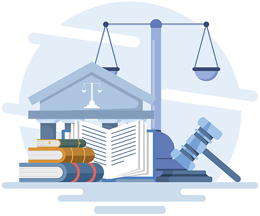A collage picture of a court house at the back, alongside a scales of justice. In the front are law books and a hammer and gavel.