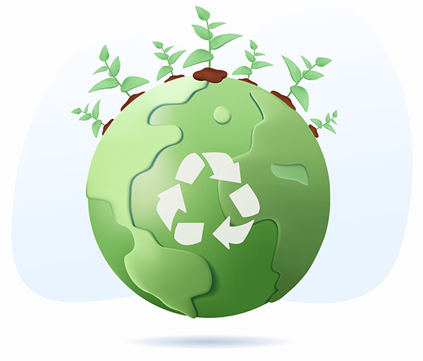 A green sphere representing the world, with the recycling symbol in white on the slide. At the top are seven stylised green trees growing out of the globe.