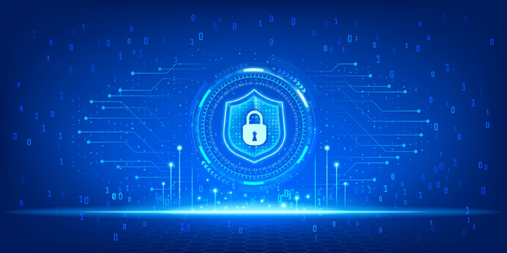 A representation of computer data through networked lines and binary numbers. In the centre is the security protection shield symbol and a padlock.