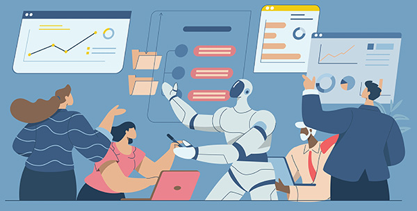 In the centre of the cartoon is a white robot humanoid figure, gesturing to a checklist. Around the robot four different people are engaging with various digital displays, charts, and interfaces.