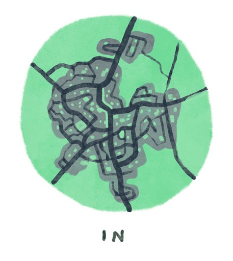 A city with substantial green spaces in the city centre and high streets, small green spaces, surrounded by countryside. 