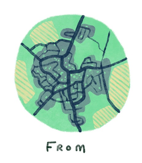 A city with a small number of green spaces scattered across it, surrounded by countryside and significant agroforestry areas.