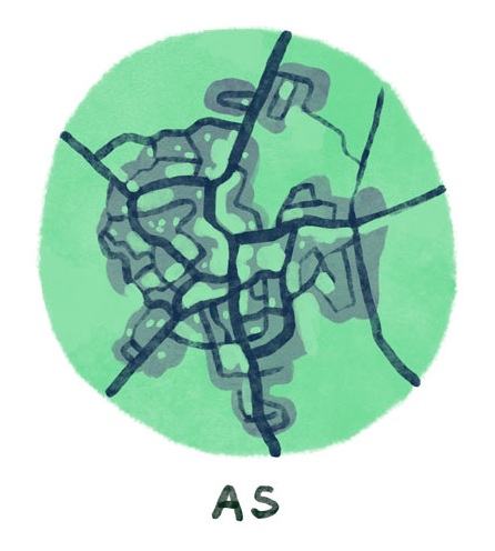 A city with significantly sized green spaces, evenly distributed throughout