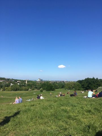 Small groups of people relaxing in a park. Trees in the background, with buildings behind them.