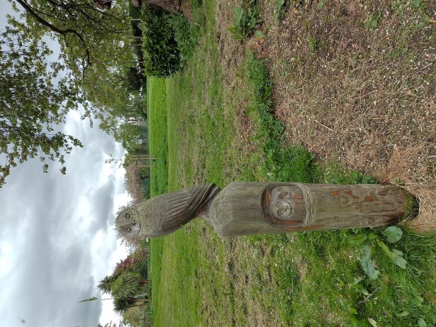 A wooden post in a park, approx. 1.5m tall by 30cm, carved into an owl and chicks. Trees to the right, saplings behind.
