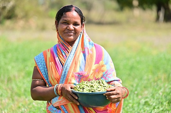 The image shows a farmer holding a bowl of freshly-harvested grass peas.