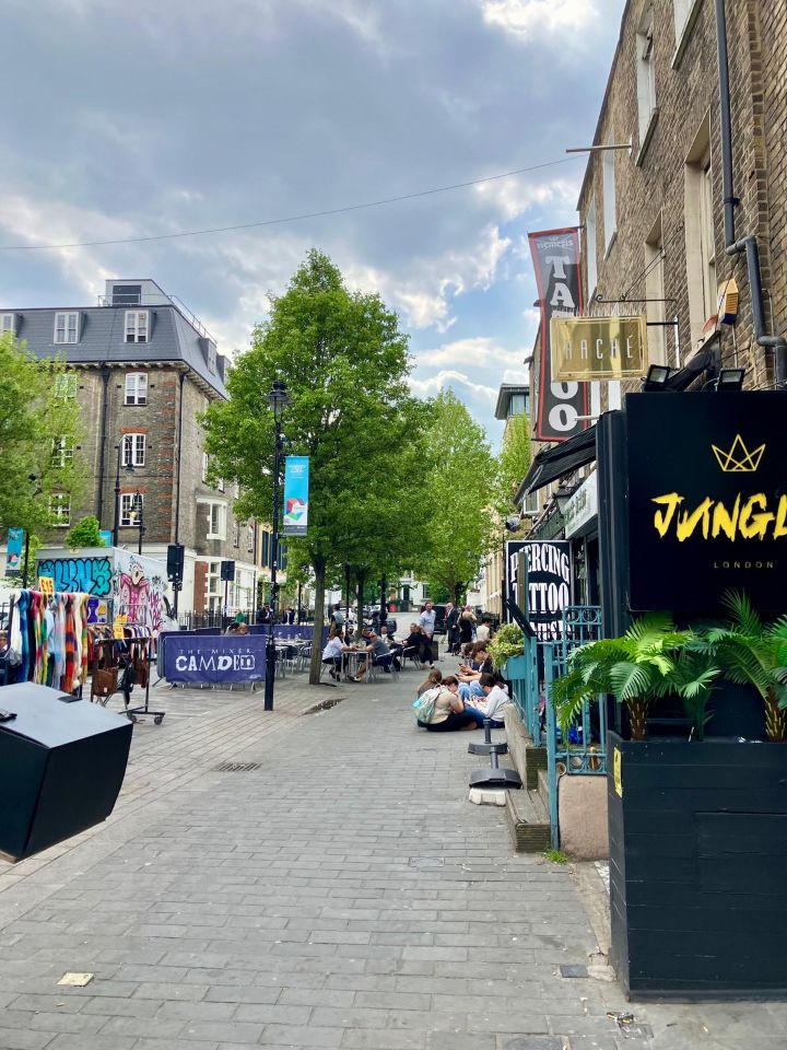 Brick-built flats, 5 stories, either side of a road. The road is pedestrianised, trees in the middle, a market, and seating.