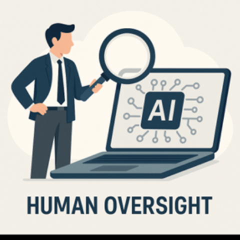 A flat-style digital illustration conveys the concept of human oversight in AI. It features a man in business attire standing beside an open laptop. On the laptop screen, a central AI chip icon is surrounded by circuit lines, representing artificial intelligence. The man is holding a large magnifying glass over the AI symbol, symbolising scrutiny and monitoring. The background includes soft cloud shapes, and the caption below reads "HUMAN OVERSIGHT" in bold, dark blue capital letters. The image uses a muted colour palette of blues, greys, and beige tones.