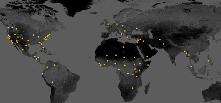 A map of the world indicating where IRC works.