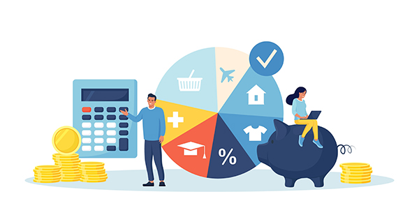 Two people surrounded by symbols of budget planning.