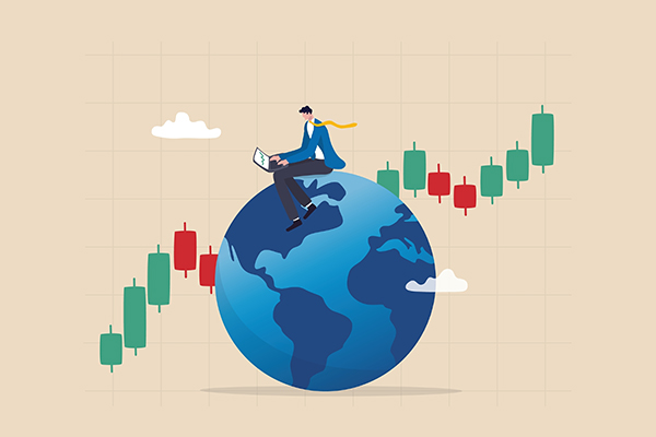 Person sitting on a globe. Stock market trades in red and green go by.
