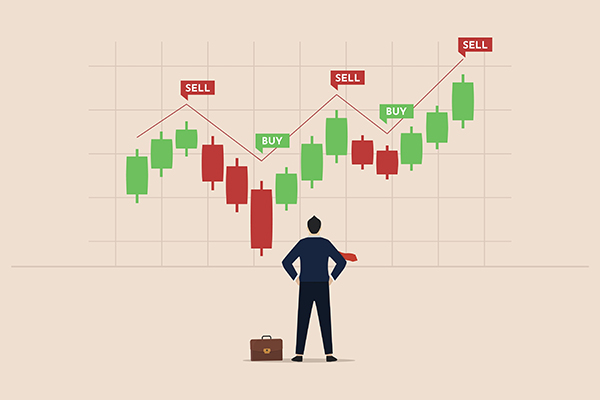 A person looks at a trading screen indicating buy, sell, buy.