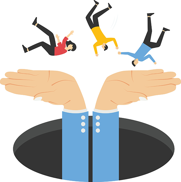 Helping hands waiting to catch falling people.