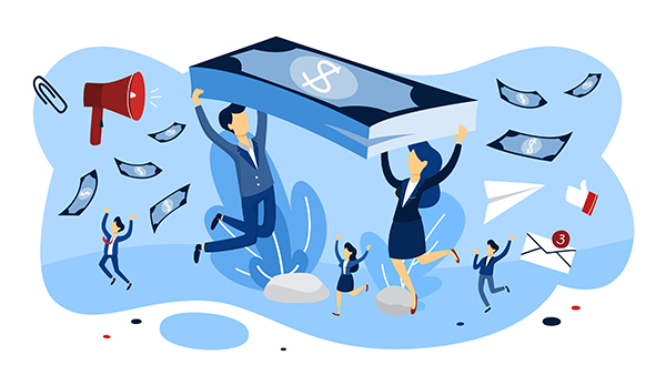 Two people holding money and dancing, surrounded by icons of wealth and happiness.