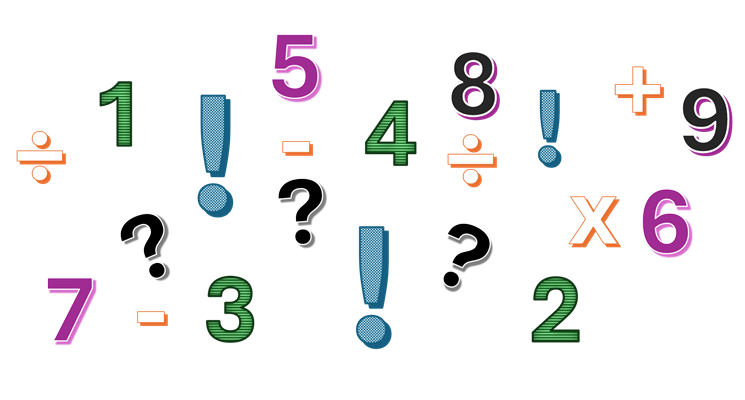 A jumble of numbers and mathematical symbols, question marks and exclamation marks!
