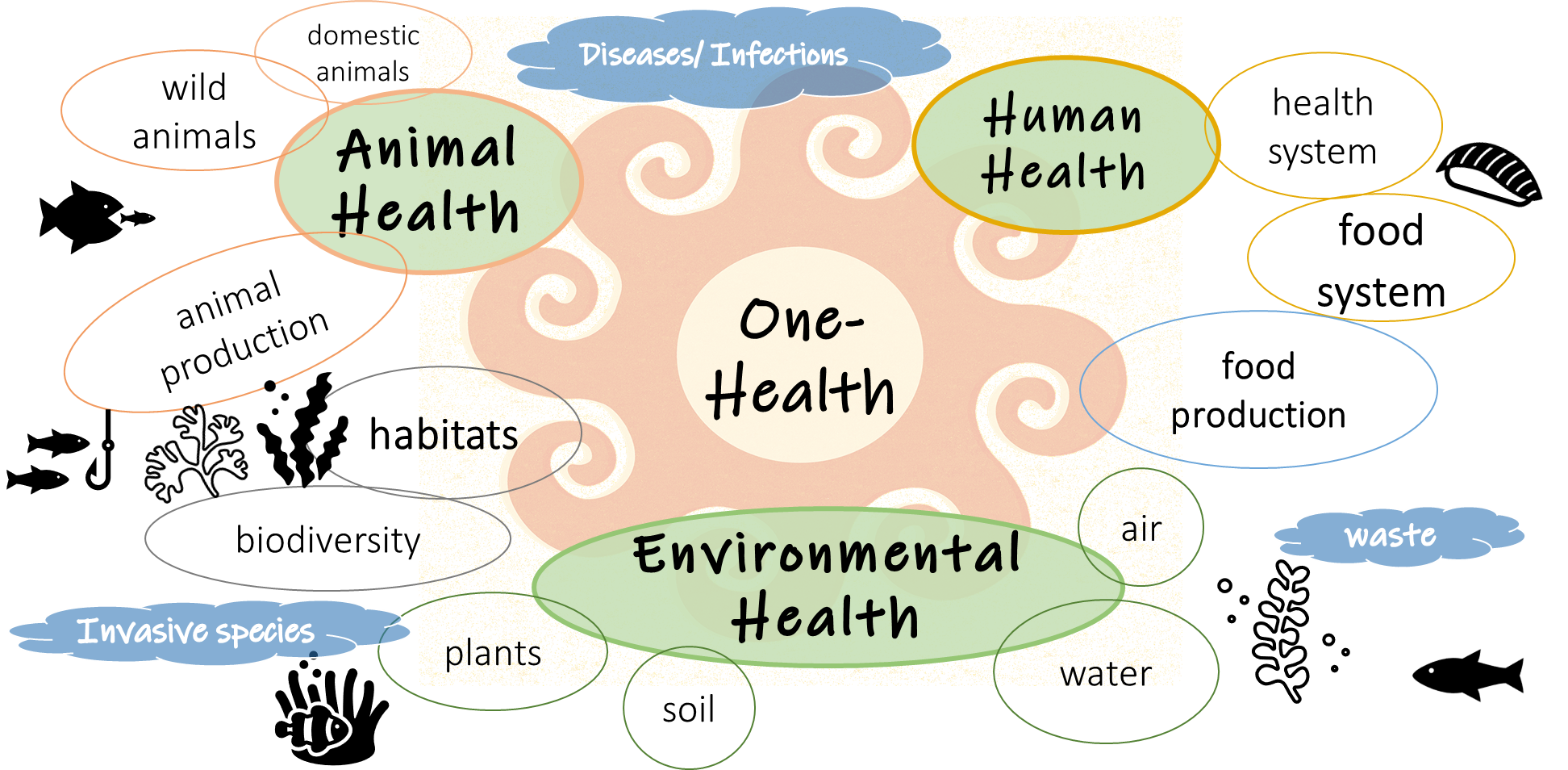 An overview graphic of one Health, including human, animal and environmental health